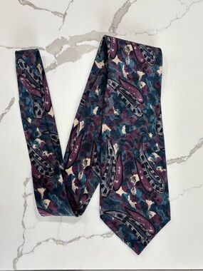 Vintage Kuppenheimer Premier Teal Blue Purple Paisley Abstract Pattern Silk Tie